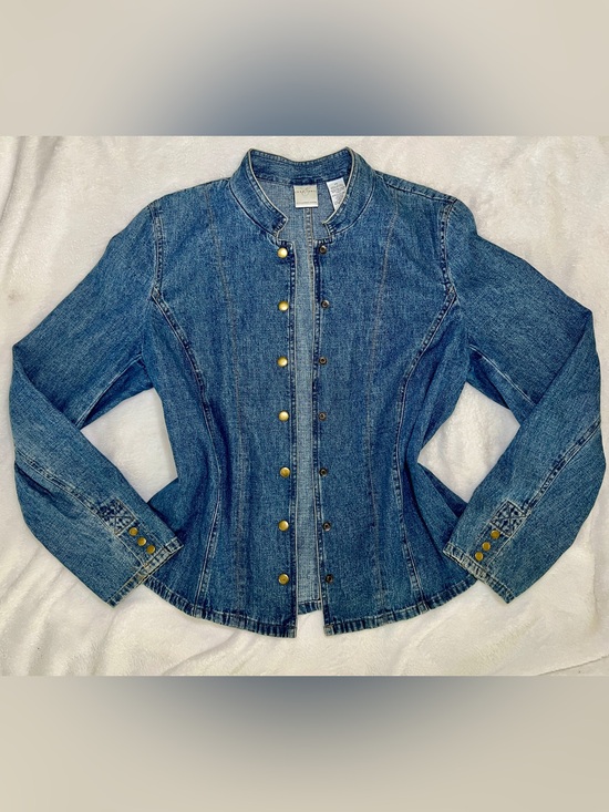 Emma James Jackets & Blazers - Vintage Military-Style Denim Blue Jean w/Gold Button Detail Snap-Front Jacket